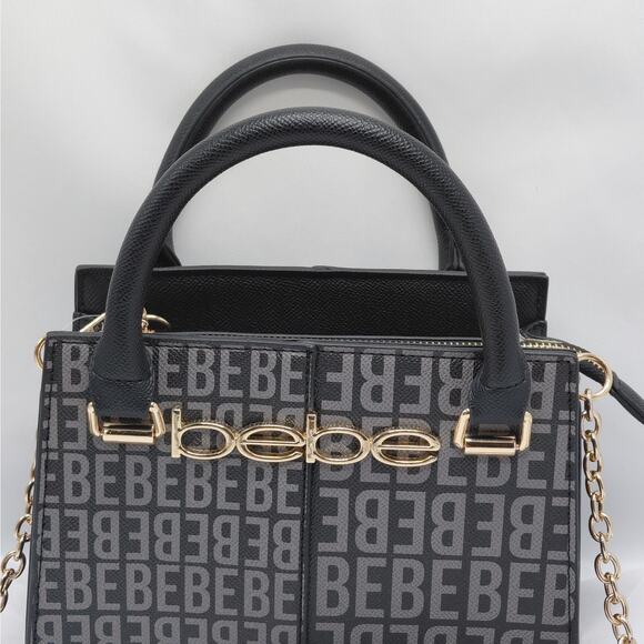 Bebe Women Black Logo Crossbody Satchel Handbag Purse Gold Chain Small Tote NWOT - Picture 3 of 10